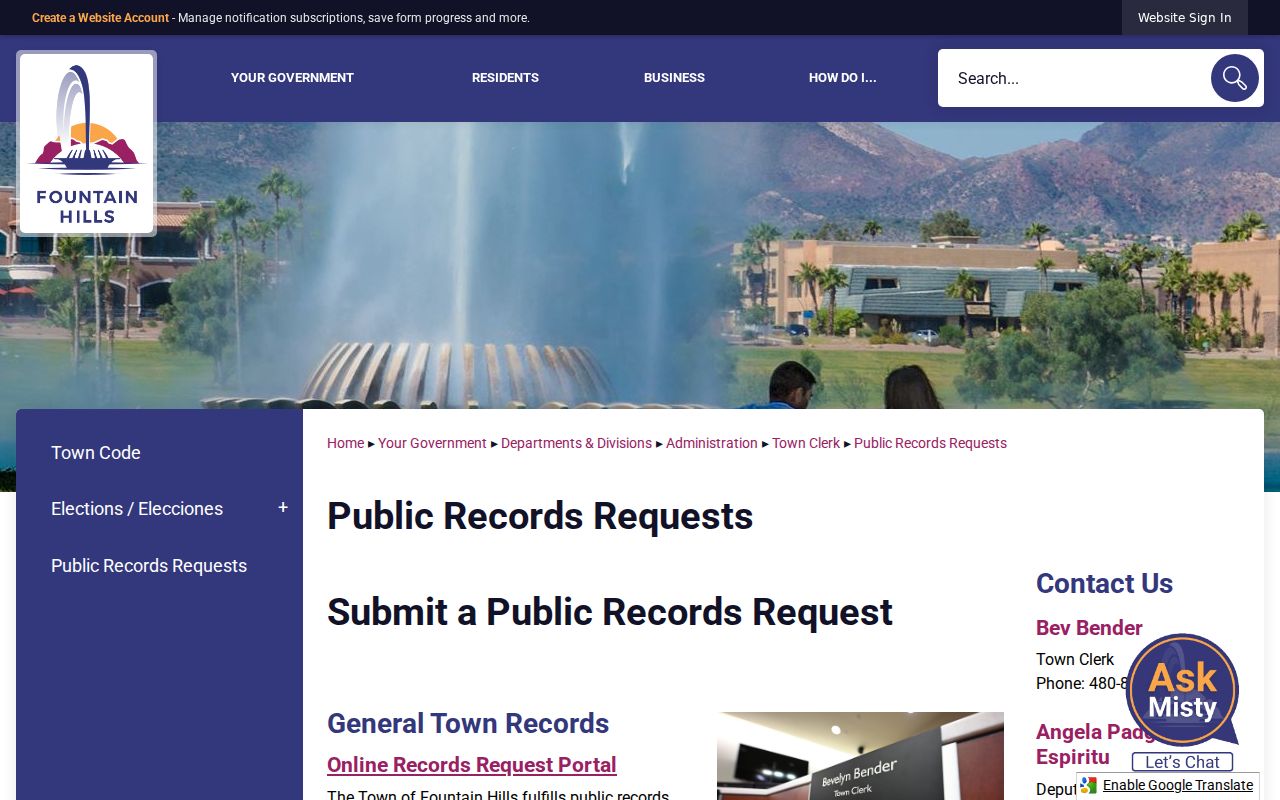 Fountain Hills residents directory Town records request