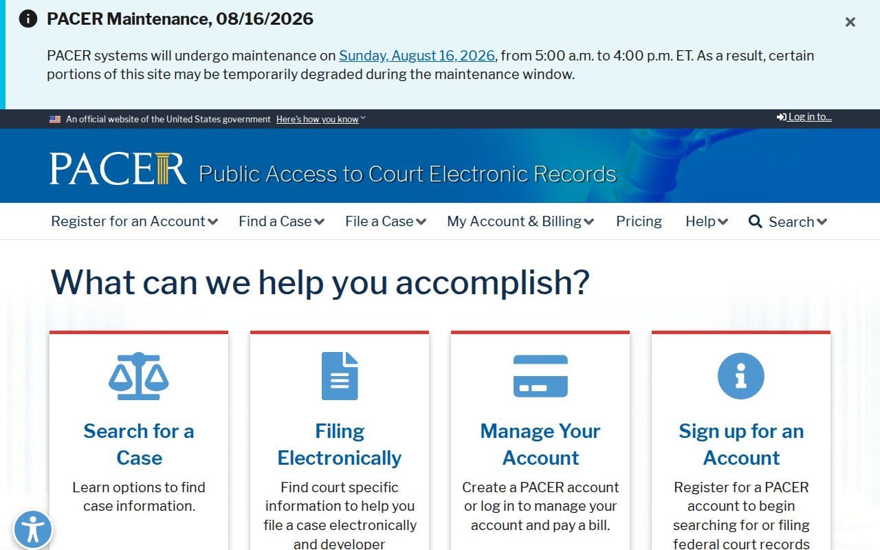 PACER federal court service for checking a public case involving Fountain Hills neighbors