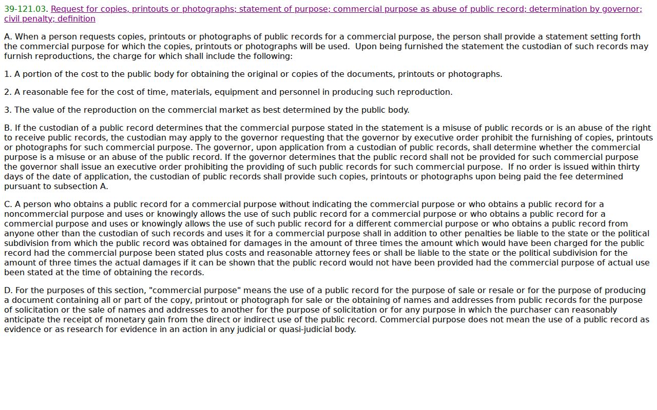 Fountain Hills previous residents Arizona public records commercial use statute