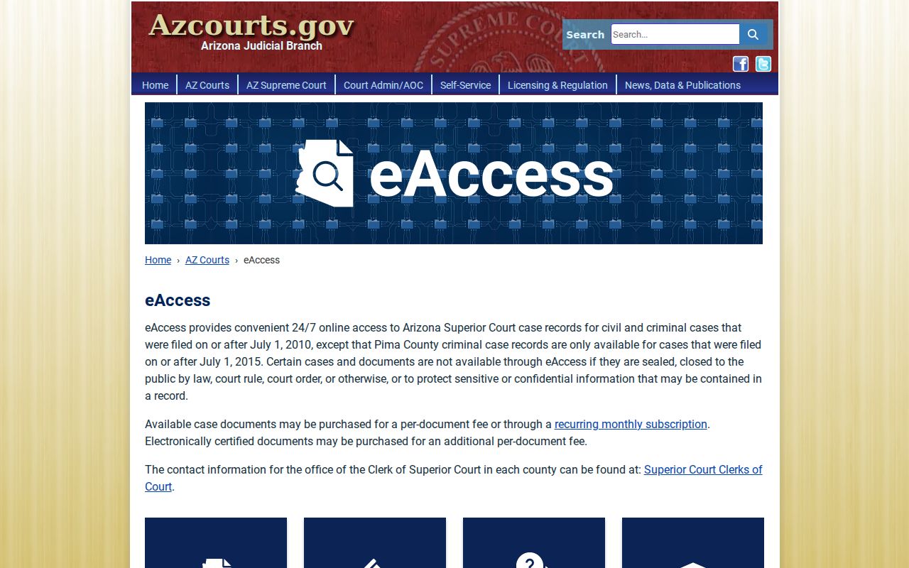 Arizona eAccess landing page for Superior Court document access used in a Fountain Hills resident lookup